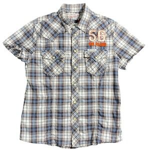 True Religion Blue Plaid Short Sleeve Western Pearl Snap Shirt Embroidered S